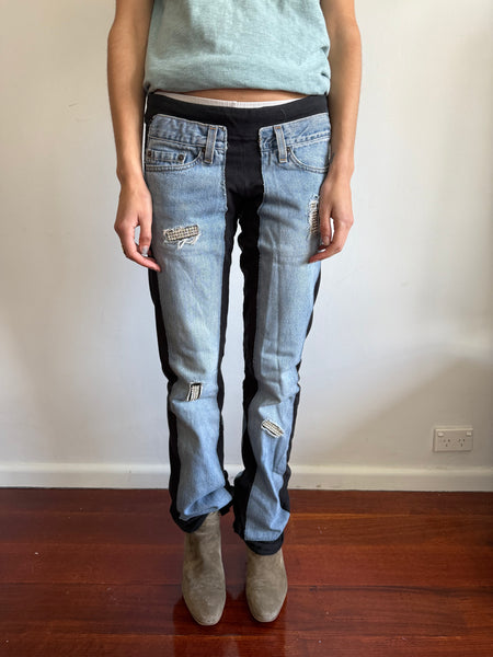 00s BEJEWELED BY SUSAN FIXEL DENIM TRACK PANTS