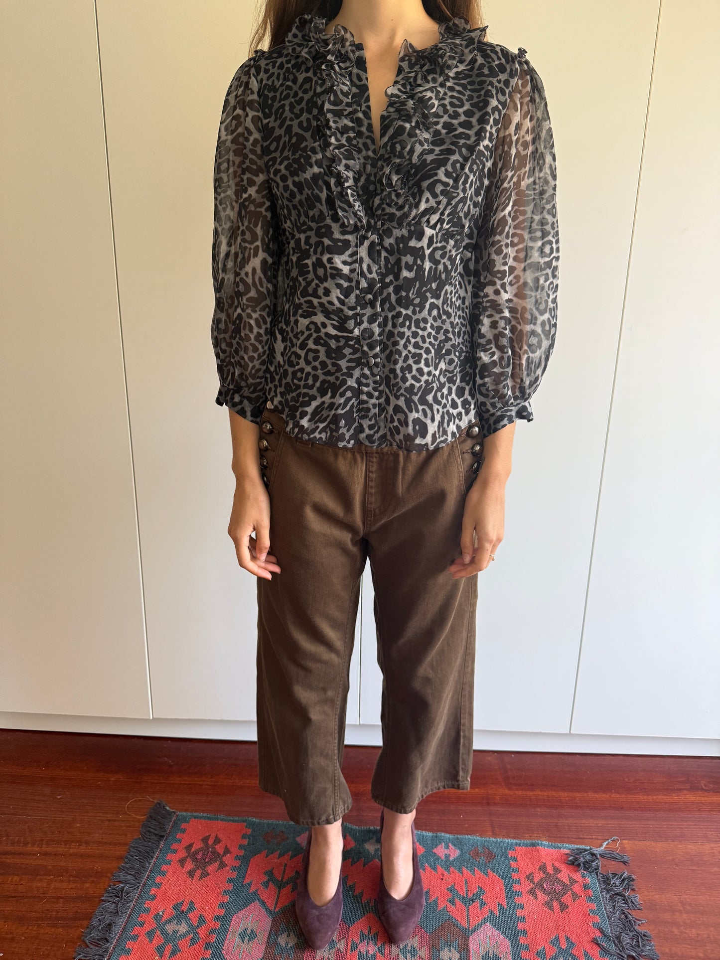 DIANE VON FURSTENBURG SILK LEOPARD RUFFLE BLOUSE