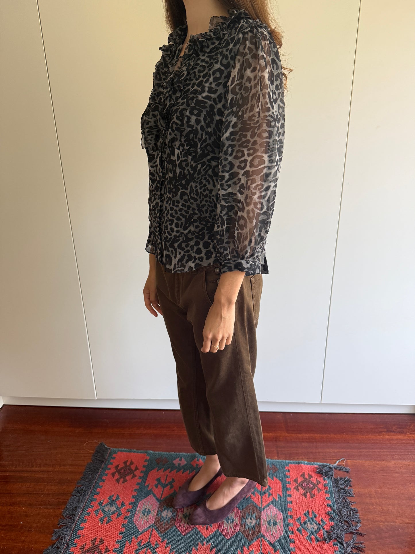 DIANE VON FURSTENBURG SILK LEOPARD RUFFLE BLOUSE