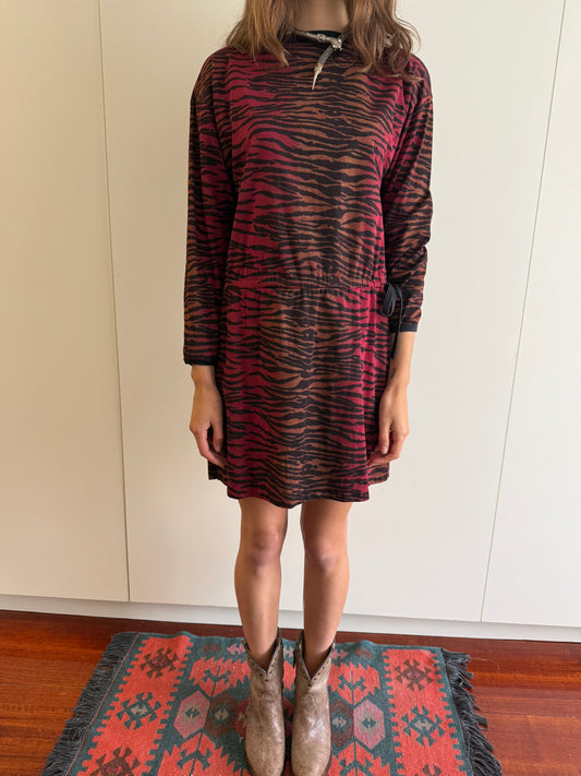 80S VINTAGE BOAT NECK TIGER PRINT DRESS