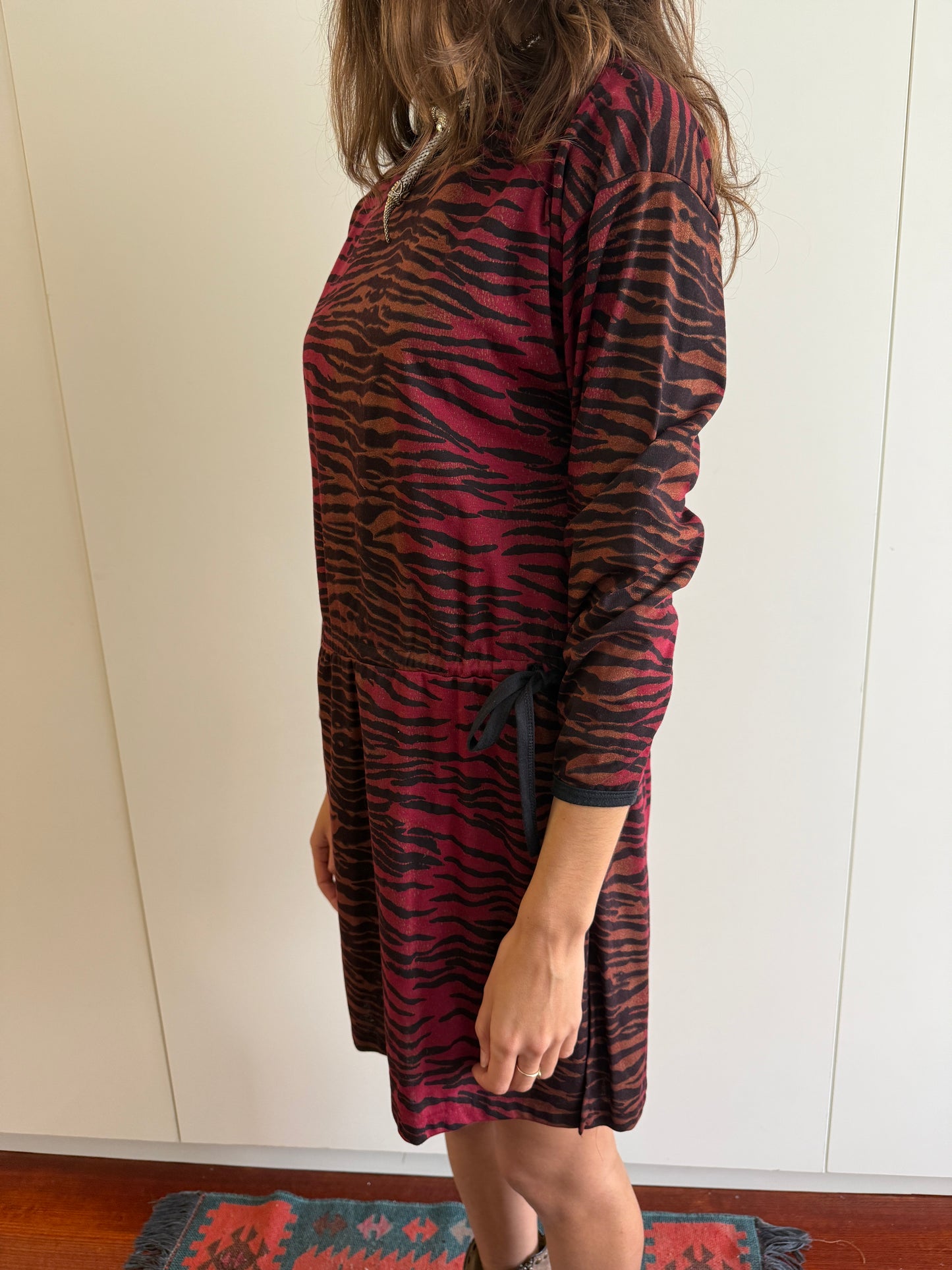 80S VINTAGE BOAT NECK TIGER PRINT DRESS