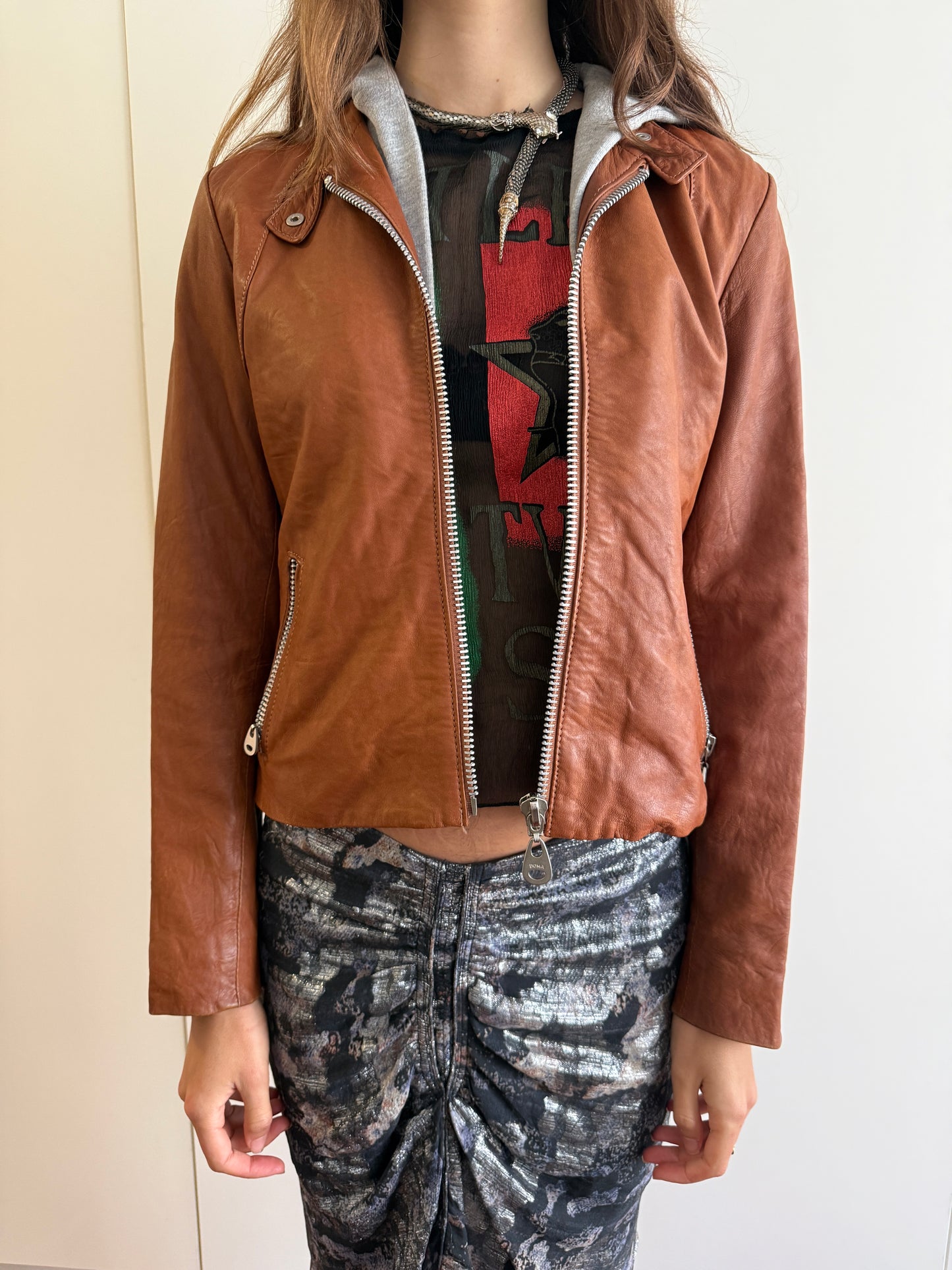 VINTAGE LAMBSKIN LEATHER JACKET WITH DETACHABLE HOOD
