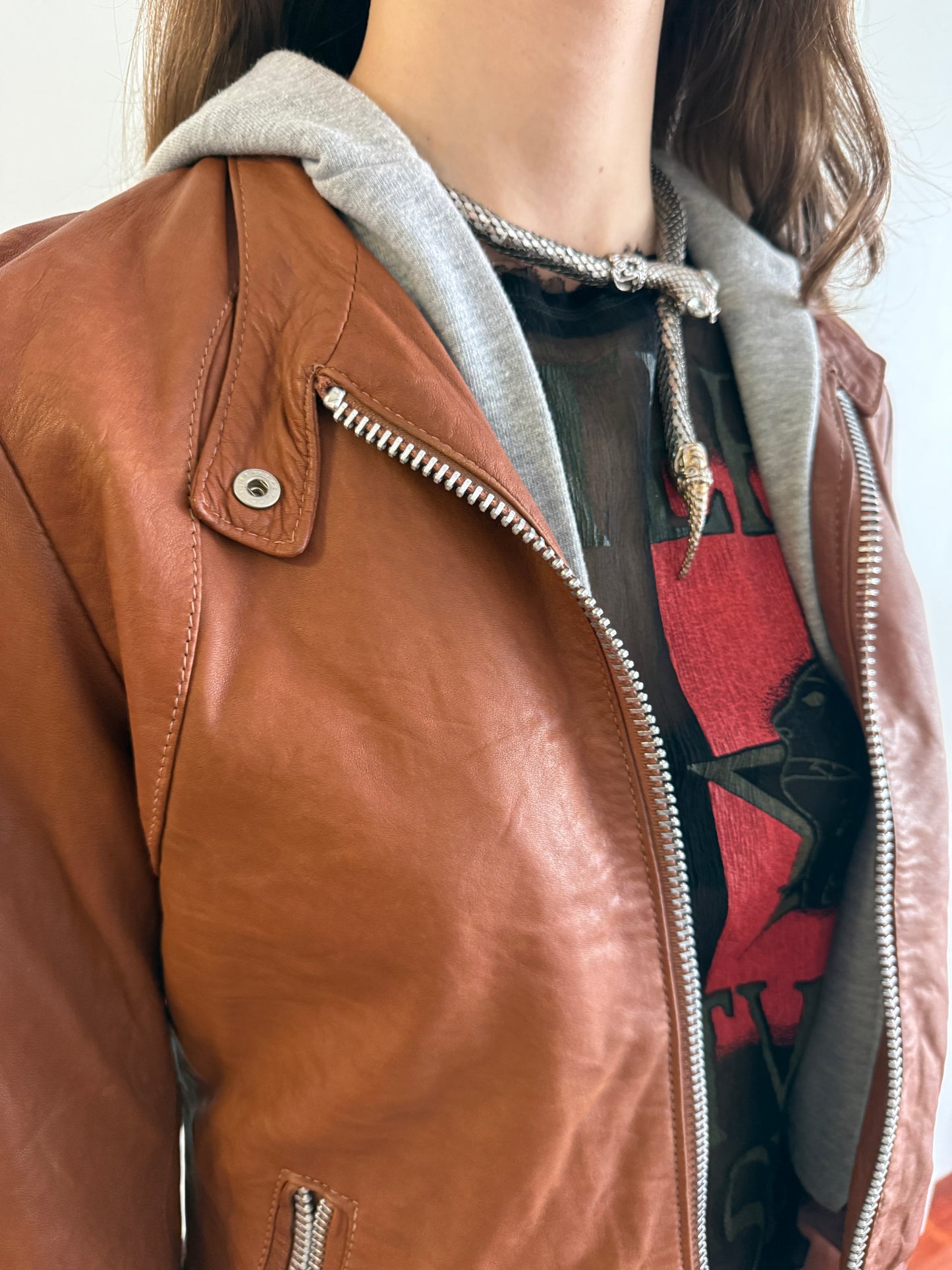 VINTAGE LAMBSKIN LEATHER JACKET WITH DETACHABLE HOOD