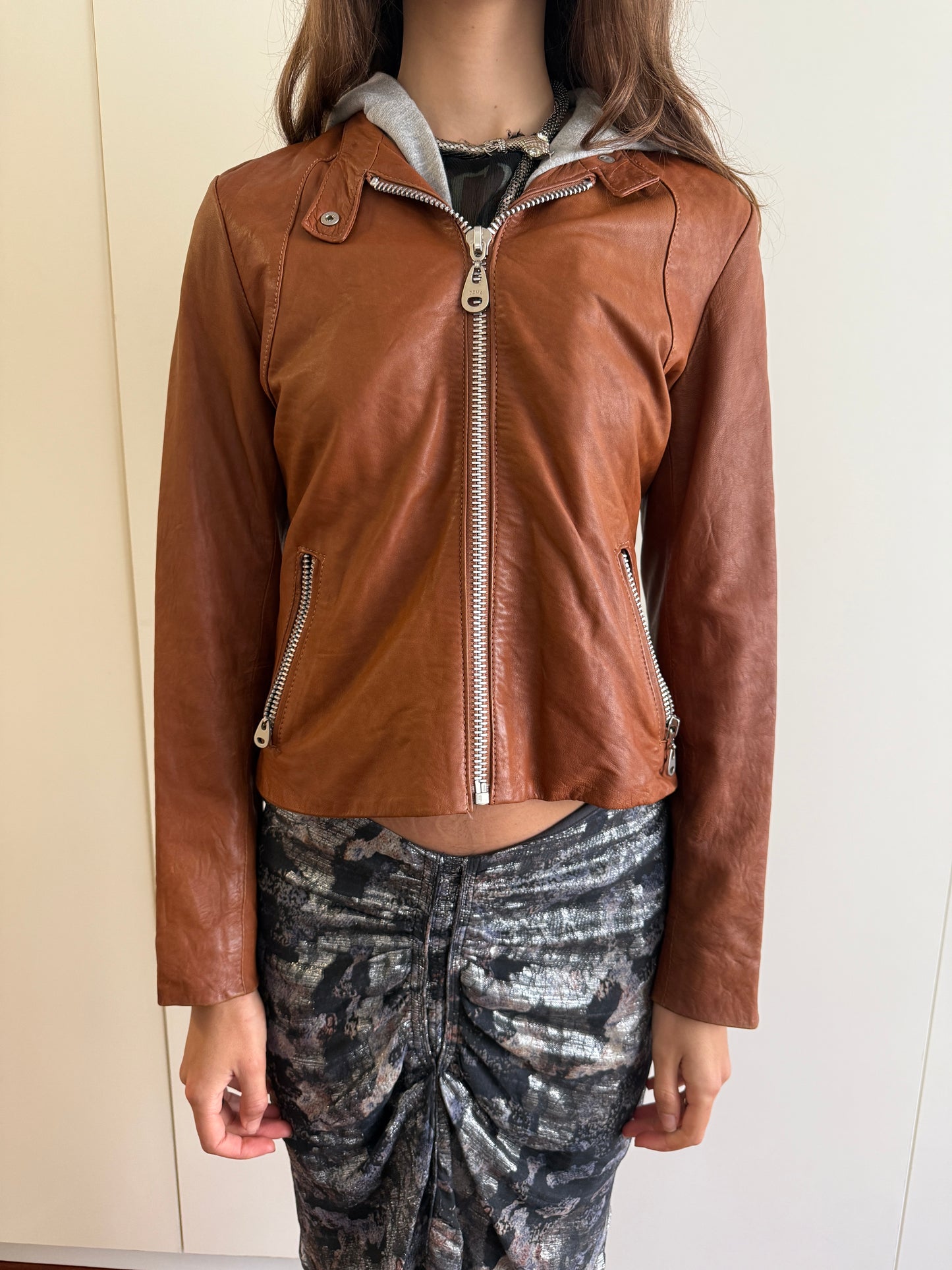 VINTAGE LAMBSKIN LEATHER JACKET WITH DETACHABLE HOOD