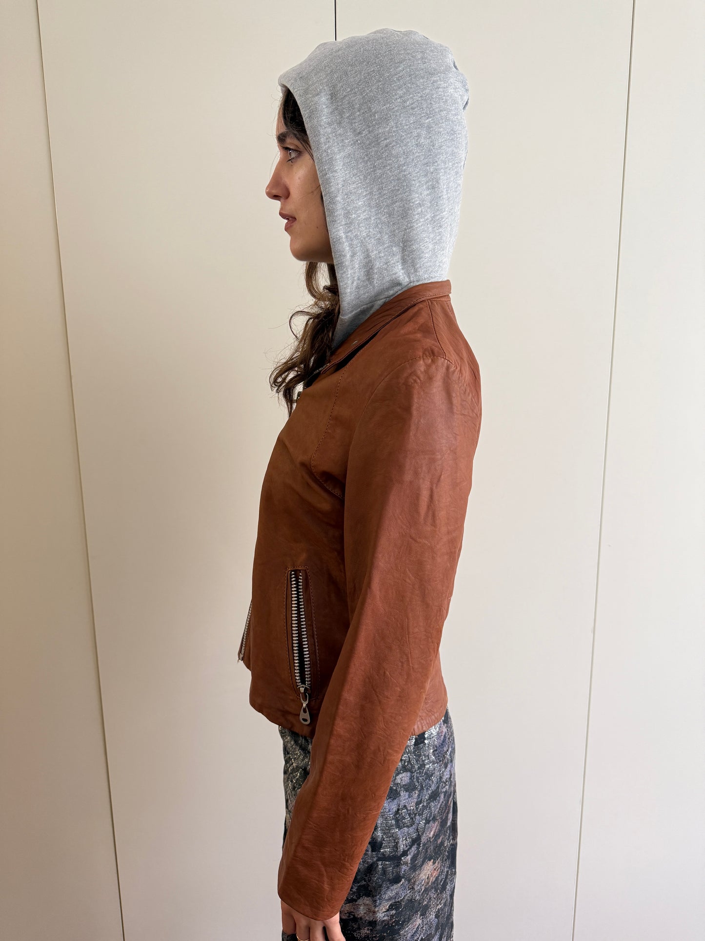VINTAGE LAMBSKIN LEATHER JACKET WITH DETACHABLE HOOD