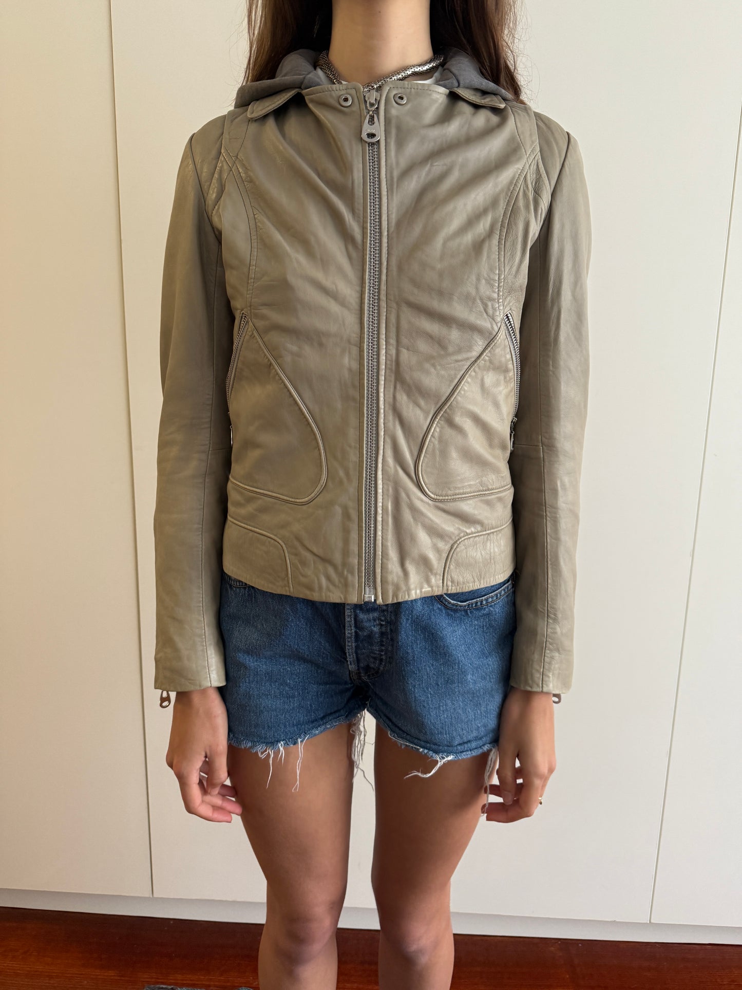 VINTAGE LAMBSKIN LEATHER JACKET WITH DETACHABLE HOOD