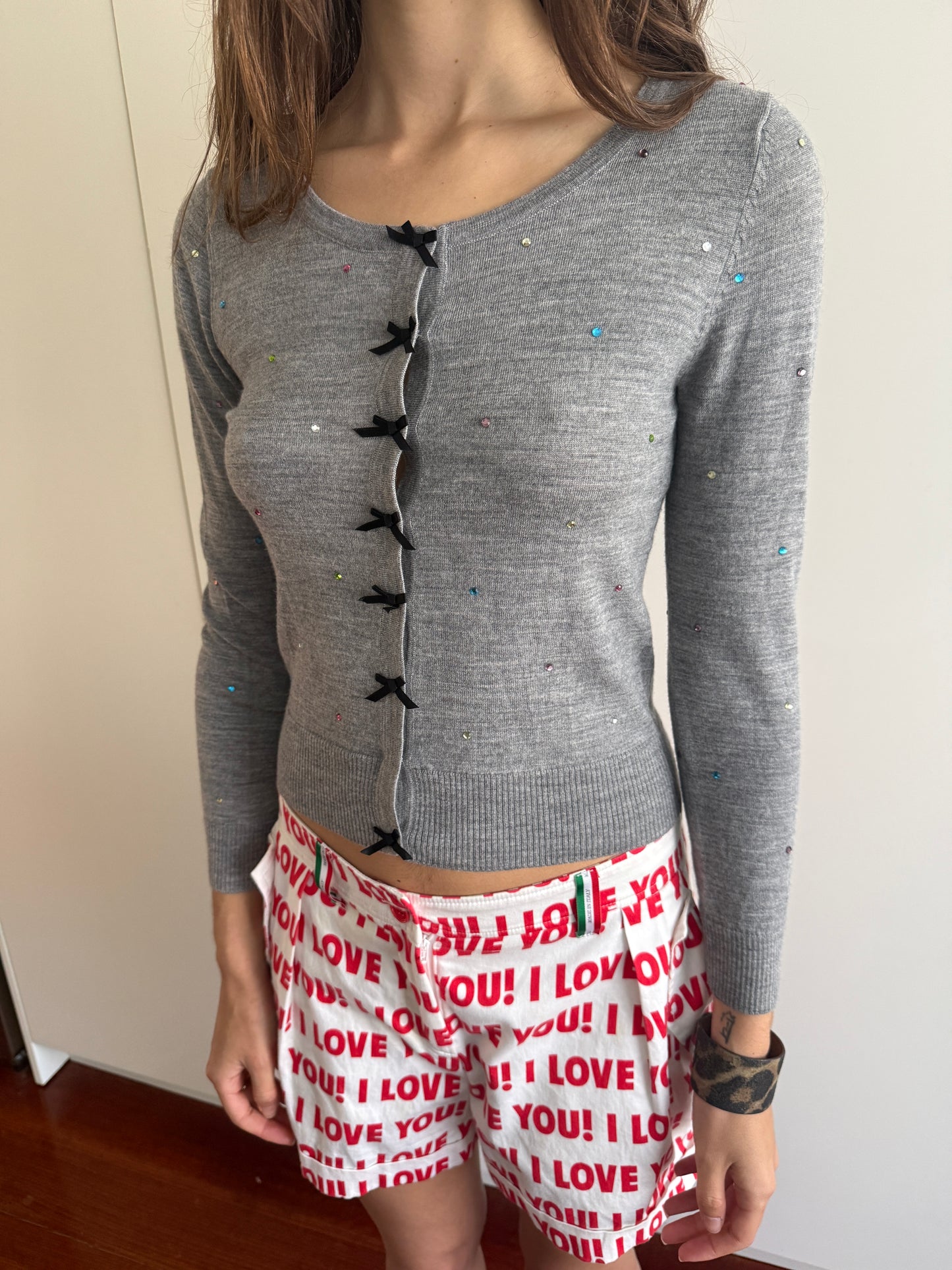 CYNTHIA ROWLEY GREY RIBBON CARDIGAN