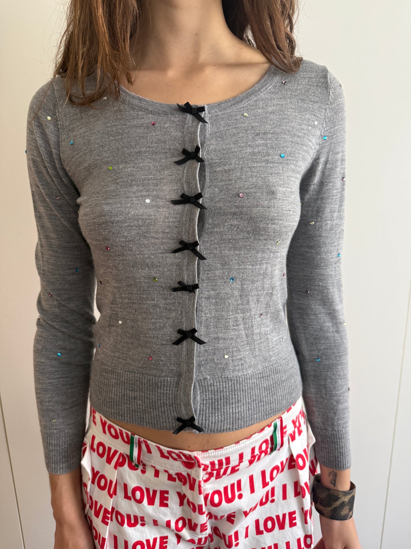 CYNTHIA ROWLEY GREY RIBBON CARDIGAN