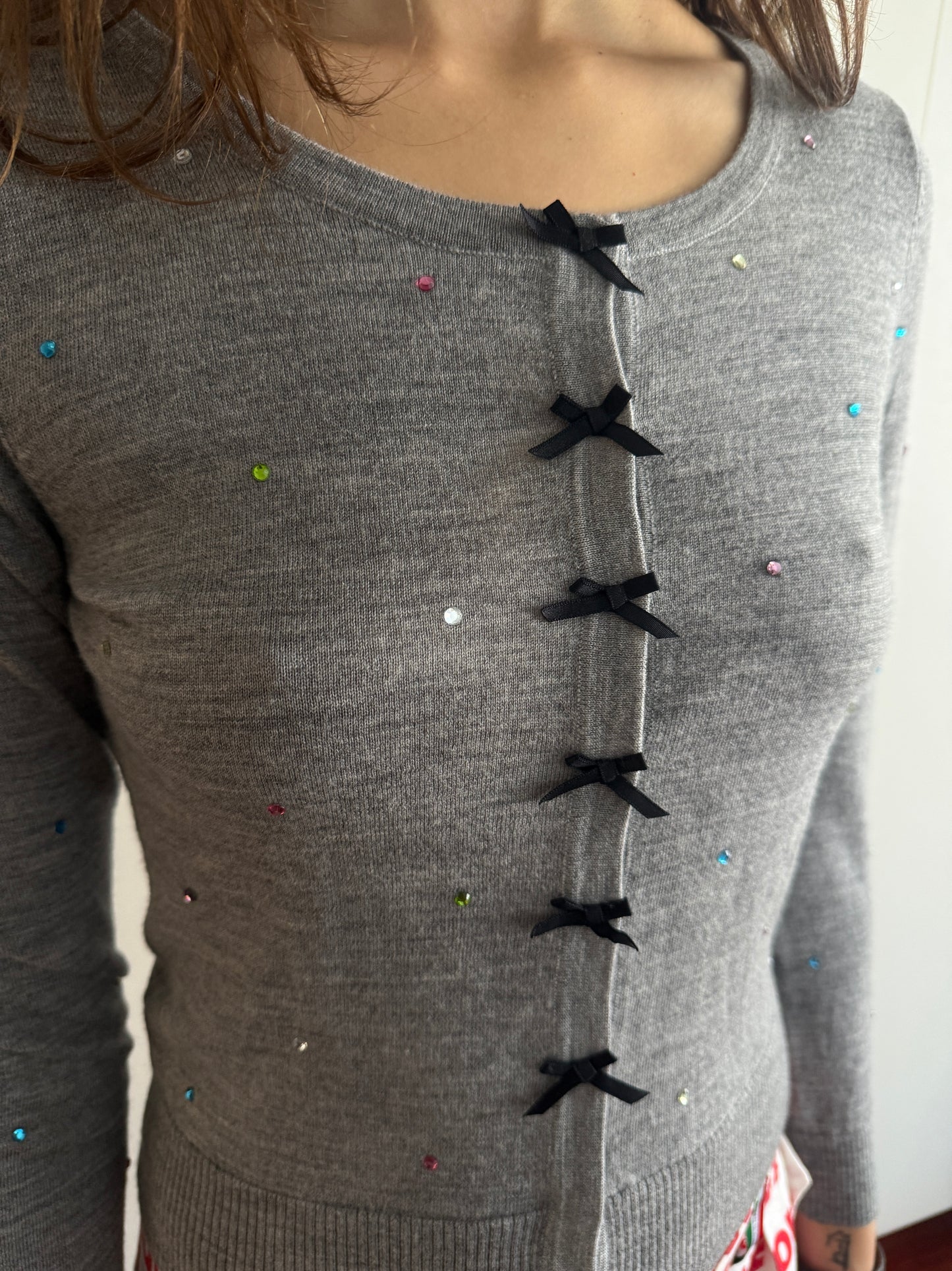 CYNTHIA ROWLEY GREY RIBBON CARDIGAN
