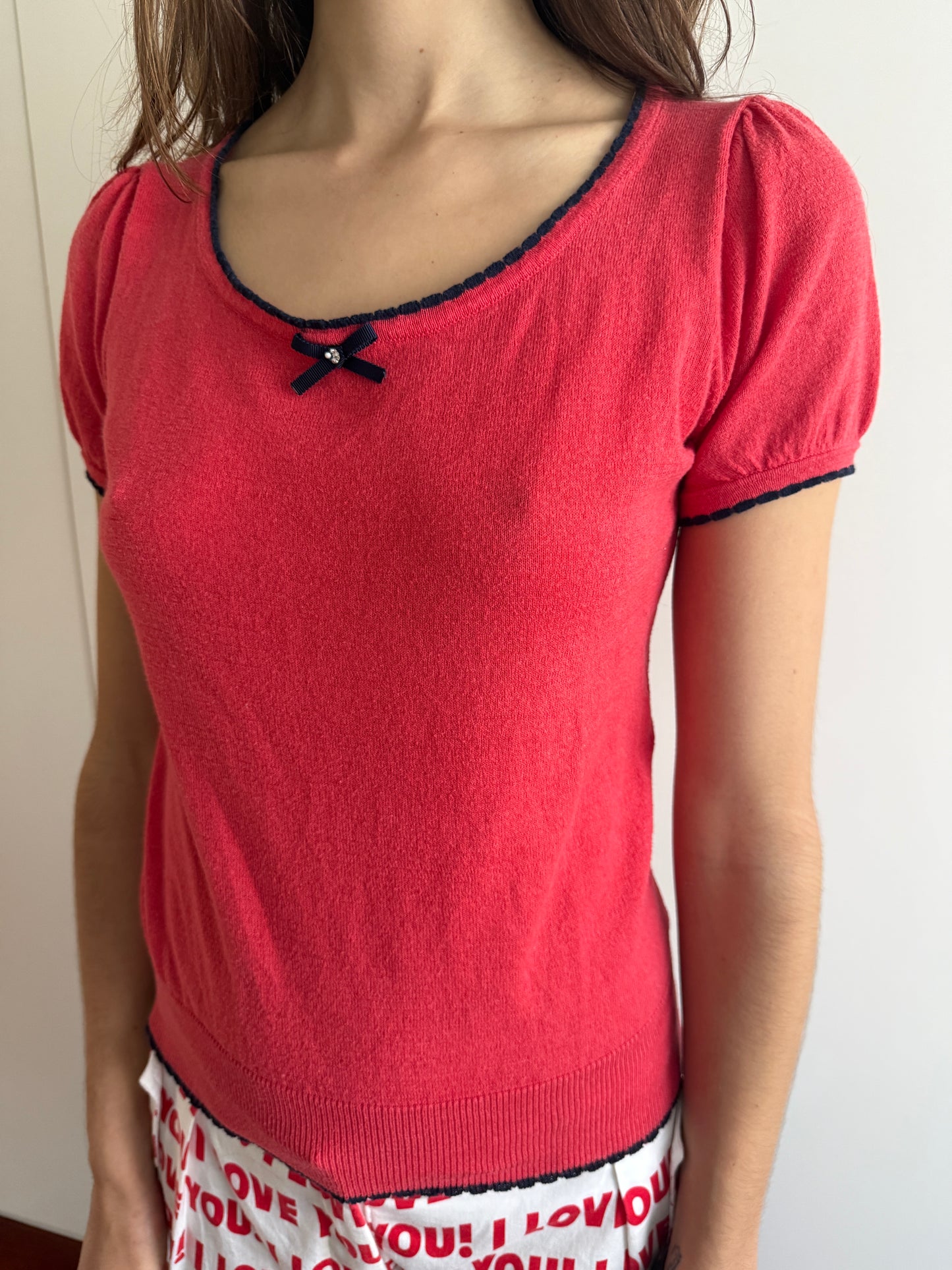 00s CYNTHIA ROWLEY RED KNIT TOP AND CARDIGAN SET