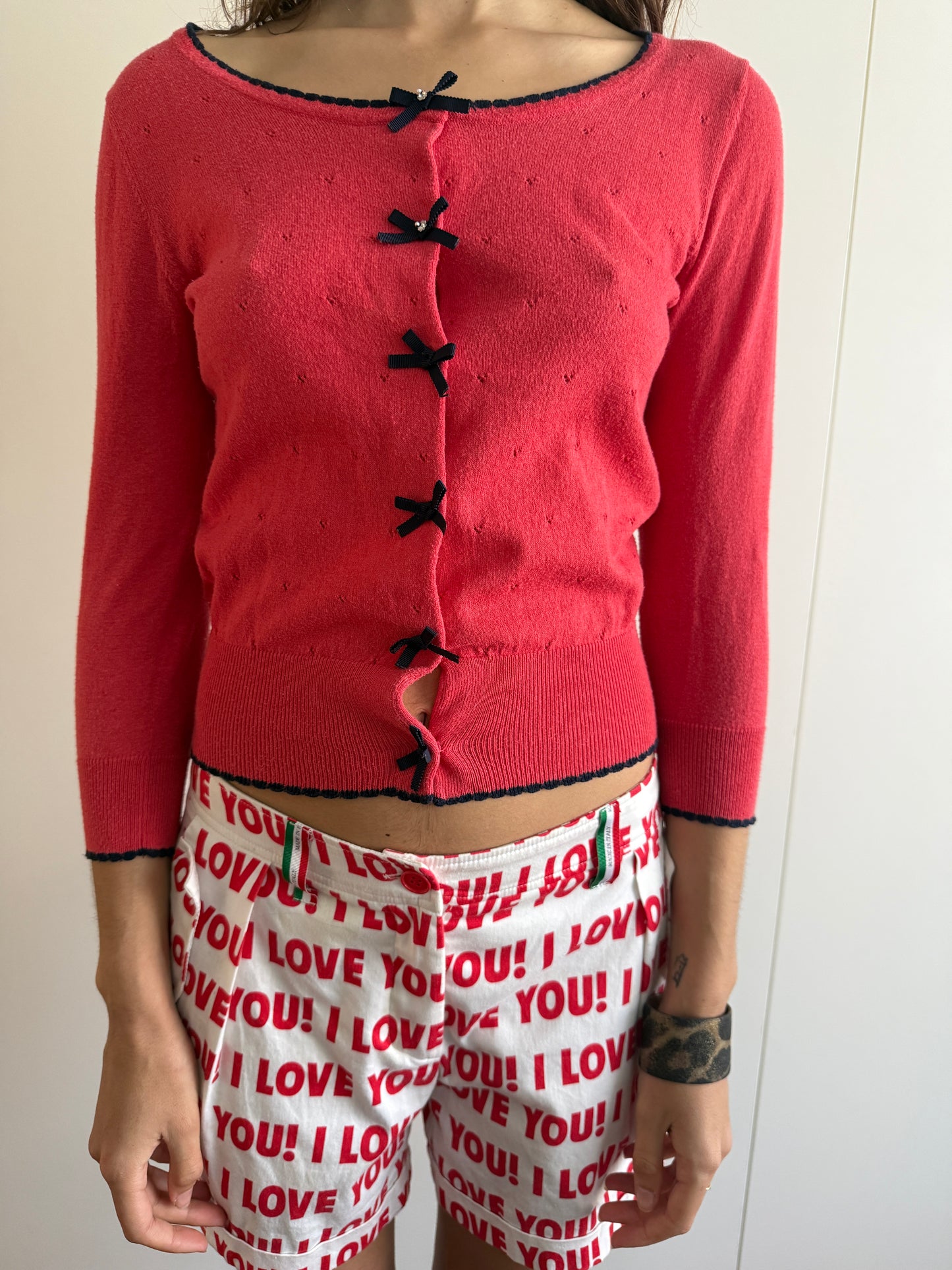 00s CYNTHIA ROWLEY RED KNIT TOP AND CARDIGAN SET