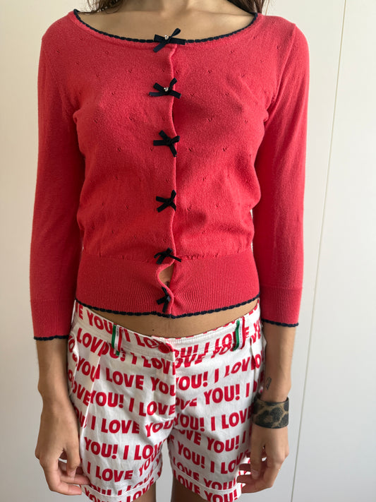 00s CYNTHIA ROWLEY RED KNIT TOP AND CARDIGAN SET