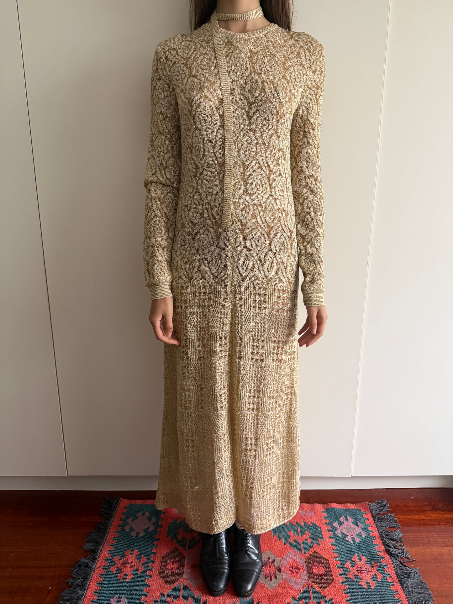 70s FLOOR LENGTH ADELE SIMPSON GOWN w/ BELT/SCARF