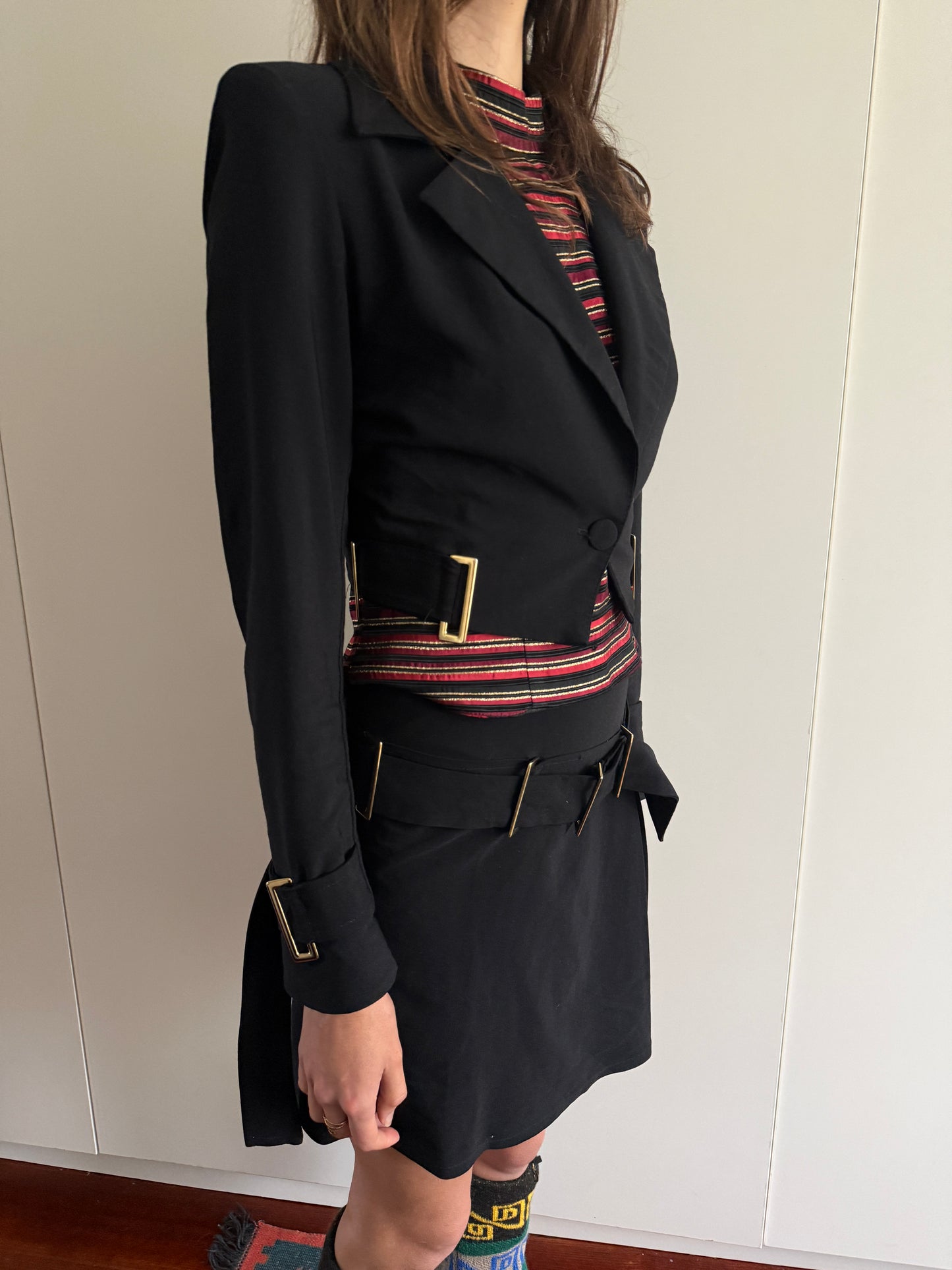 FRENCH VINTAGE BUCKLE DETAIL SKIRT SUIT