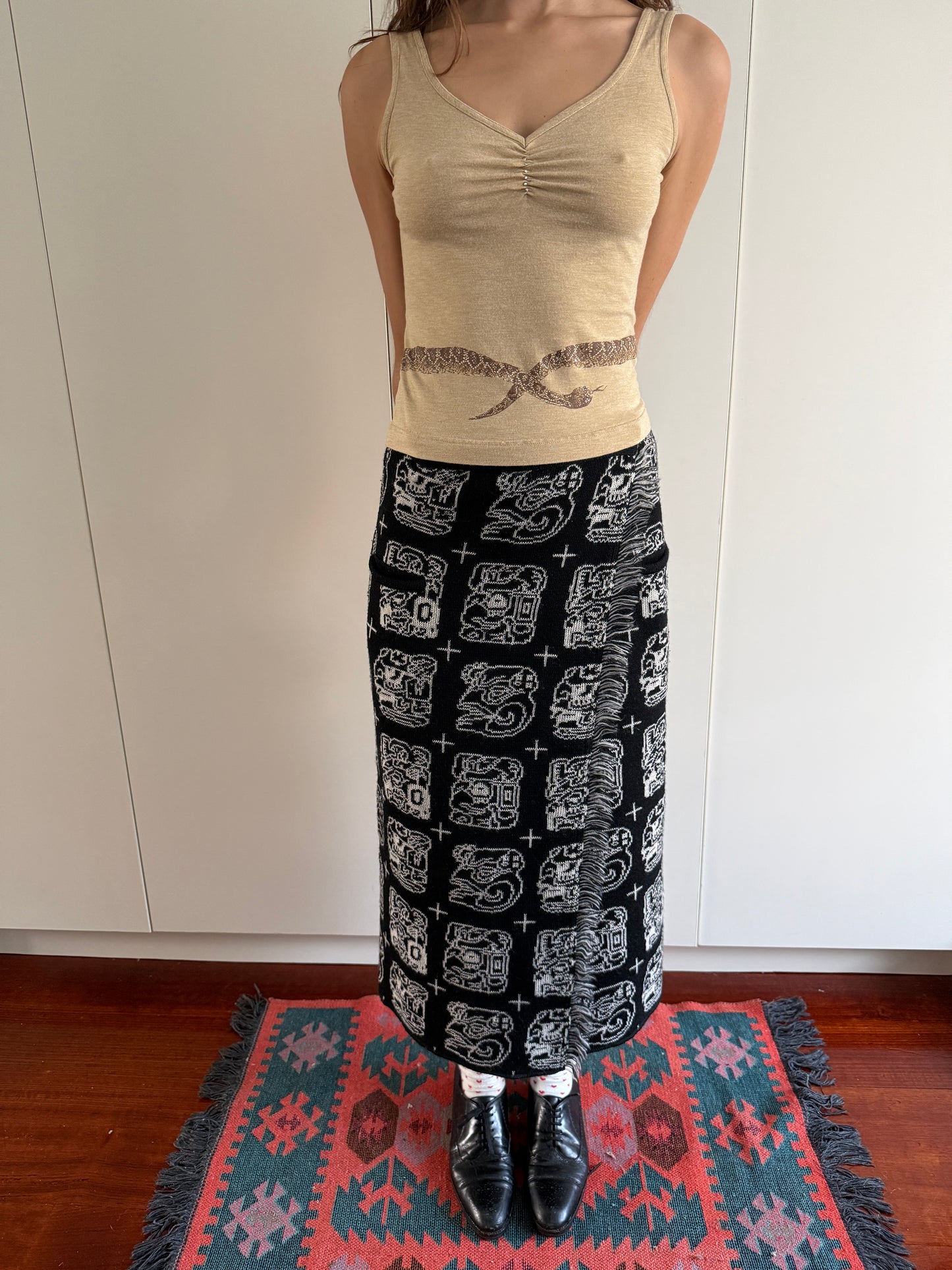 80s JOSEPH TRICOT WOOL GLYPH WRAP SKIRT
