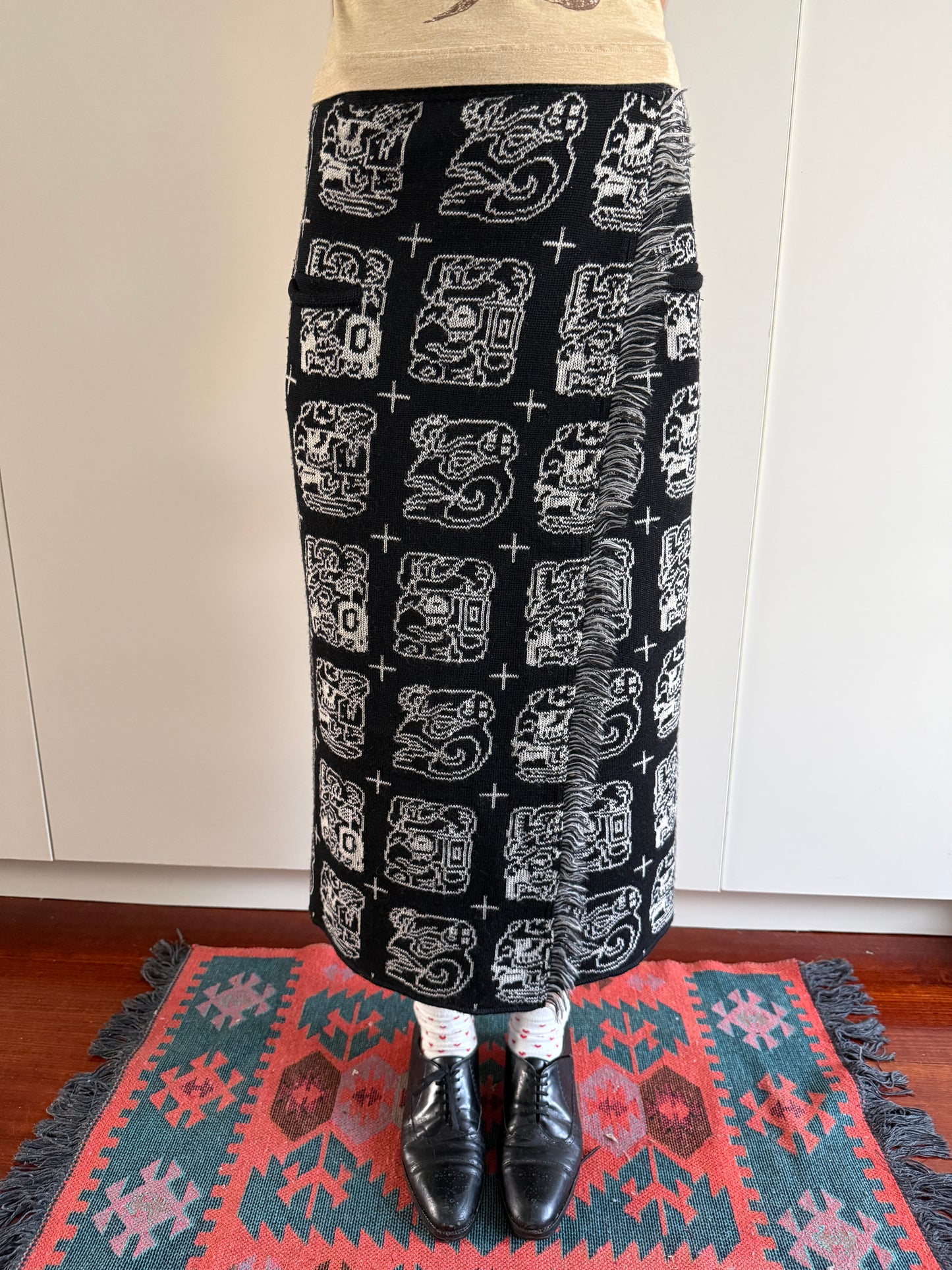80s JOSEPH TRICOT WOOL GLYPH WRAP SKIRT