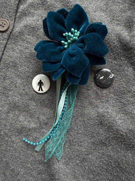 BLUE VELVET ROSETTE WITH BEAD LACE AND RIBBON