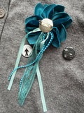 BLUE VELVET ROSETTE WITH BEAD LACE AND RIBBON